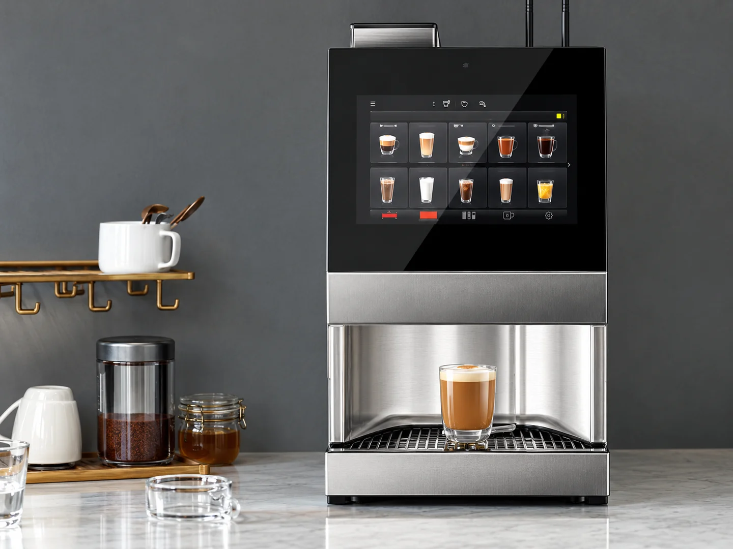 A coffee machine and latte in a thoughtfully arranged coffee corner